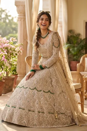 Beige Sequins Net Readymade Lehenga