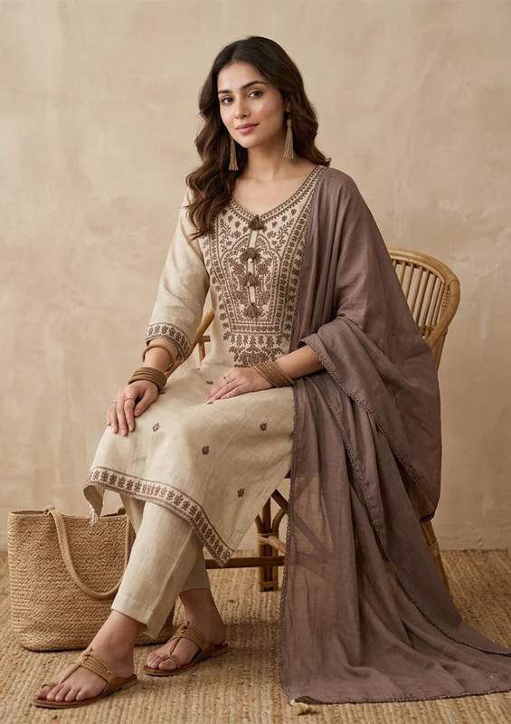 Beige Brown Cotton Threadwork Straight Kurta With Pant Regular And Dupatta
