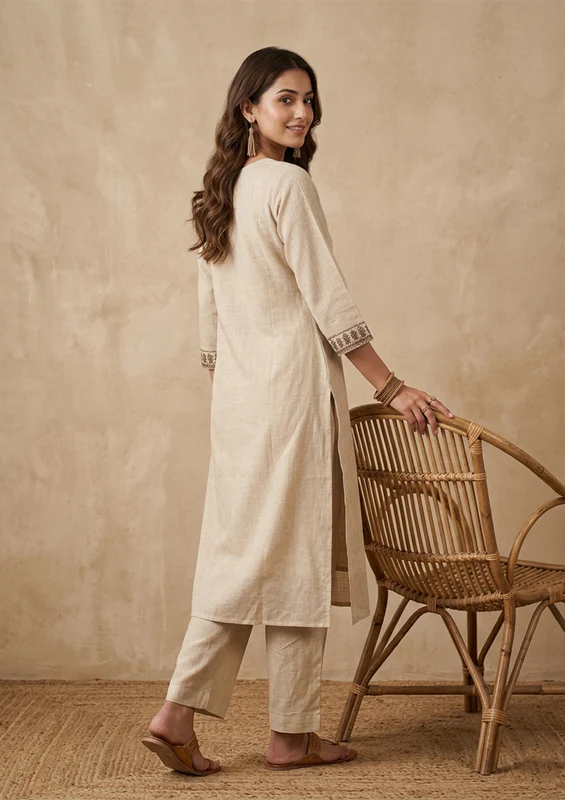 Beige Brown Cotton Threadwork Straight Kurta With Pant Regular And Dupatta - Image 2