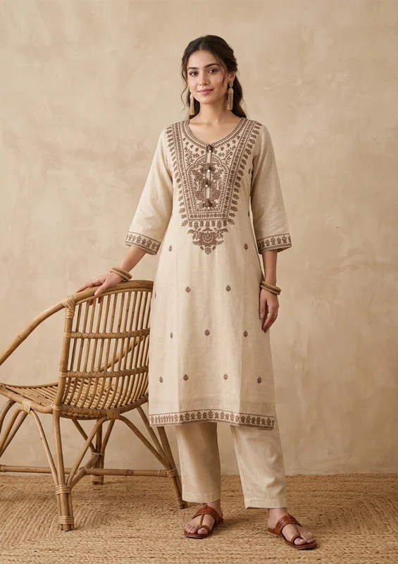 Beige Brown Cotton Threadwork Straight Kurta With Pant Regular And Dupatta - Image 3